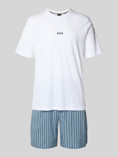 Produktfoto, Regular Fit Pyjama aus Baumwoll-Mix Modell 'CHRIS PATTERN S SET' von BOSS für Herren, Shirt Optik: Unifarben in Weiß, Shorts Optik: Allover-Muster in Blau, Label-Stitching-Applikation auf der Vorderseite, Crew Neck Kragenform, Kurzarm, Elastisch am Bundabschluss, Zweiteiler mit Gesäßtaschen und seitlichen Eingrifftaschen, Material: Baumwoll-Mix