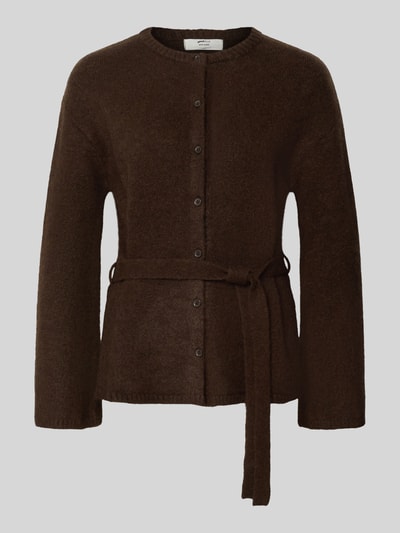 Produktfoto, Cardigan mit Woll-Anteil und Bindegürtel von Gina Tricot, braun, Knopfleiste, taillierter Schnitt, Struktur aus Material-Mix