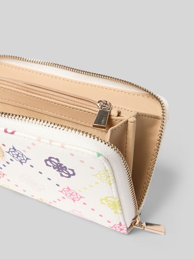 Produktfoto, Portemonnaie mit Label-Detail Modell 'EMELIE' von Guess, cremefarben, bunte Muster, Reißverschluss, mehrere Einsteckfächer, Nahaufnahme Innenansicht
