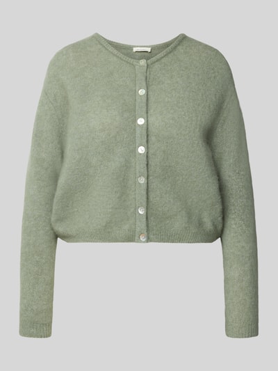 Produktfoto, Relaxed Fit Strickjacke aus Woll-Mix mit Leinen-Anteil von American Vintage in grün mit gerippten Bündchen und Knopfleiste, Damen Strickjacke