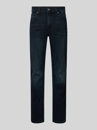 Produktfoto, Straight Fit Jeans im 5-Pocket-Design Modell 'WEST' von Lee, mieszanka bawełny z dodatkiem streczu, prosty krój, zapięcie na guzik i zamek błyskawiczny, szerokość w rozmiarze 32/32: 41 cm, długość wewnętrzna nogawki w rozmiarze 32/32: 81 cm, ciemnoniebieski odcień, gładka tekstura