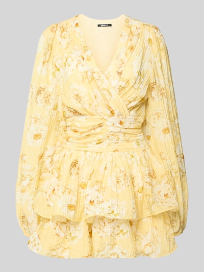 Produktfoto, Minikleid aus Viskose-Mix mit Rüschenbesatz von Gina Tricot, gelb mit Blumenmuster, taillierte Passform, V-Ausschnitt, langärmelig, strukturierte Oberfläche, Größe 36: Rückenlänge 80 cm, Brustweite 41 cm, Ärmellänge 69 cm