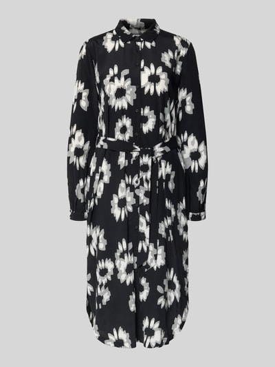 Produktfoto, Midikleid mit Bindegürtel von Esprit aus reiner Viskose mit floraler Allover-Print, gerader Schnitt, Umlegekragen, durchgehende Knopfleiste, Bindegürtel, Rückenlänge 118 cm, Brustweite 51 cm, Ärmellänge 64 cm, schwarz-weißes Blumenmuster.