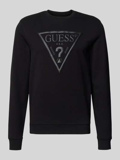Produktfoto, schwarzes Regular Fit Sweatshirt mit Logo-Detail Modell 'Audley' von Guess aus Baumwoll-Mix, Rundhalsausschnitt, elastische Abschlüsse