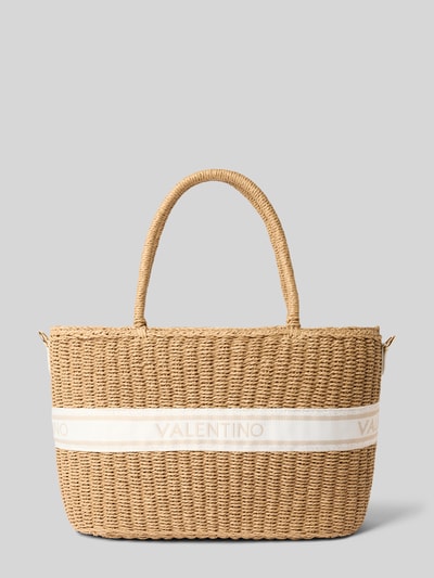 Produktfoto, beige Handtasche mit Label-Detail Modell 'BOHO' von VALENTINO BAGS aus Papier, strukturierte Oberfläche, weiße Textilapplikation, offene Form