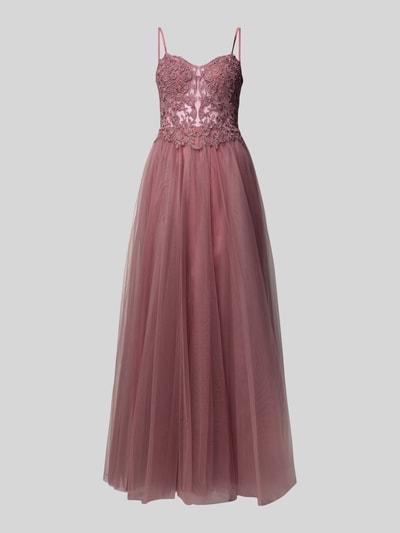 Produktfoto, Sukienka wieczorowa 'Abendkleid mit floralem Spitzenbesatz' von Mascara z tiulu, taliowany krój, góra z obszyciem koronką i ozdobnymi kamieniami, bez rękawów z cienkimi ramiączkami, halka pod spódnicę, wszyty zamek błyskawiczny, rozkloszowana spódnica, długość tyłu w rozmiarze 36: 17 cm, szerokość w rozmiarze 36: 37 cm