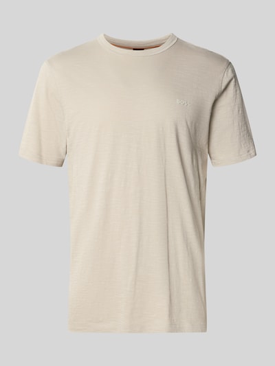 Produktfoto, Regular Fit T-Shirt aus strukturierter Baumwolle Modell 'TEGOOD' von BOSS Orange in Unifarbe mit Label Print, Rundhals, kurze Ärmel, grobe Baumwolltextur.