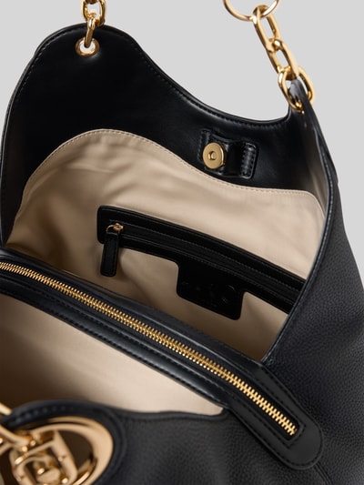 Produktfoto, Handtasche mit Magnetverschluss und Tragehenkel von Liu Jo White, schwarze Außenseite, goldene Details, cremefarbenes Innenfutter, Reißverschlussfach, Label-Detail, Maße 39x29x16 cm, Schulterriemen 45 cm