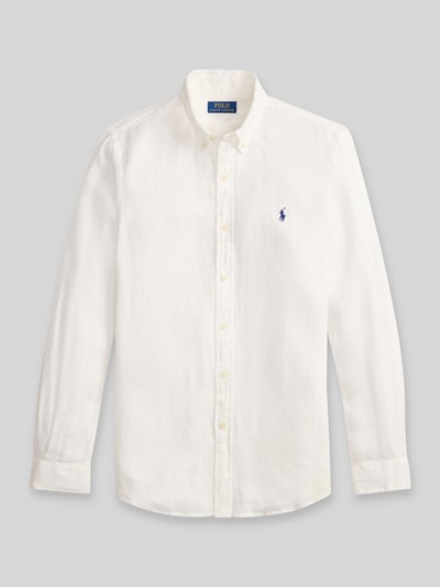 Productfoto, Slim Fit Freizeithemd aus reinem Leinen van Polo Ralph Lauren in effen wit met logo-stiksel, button-down kraag, lange mouw, afgeronde zoom, sportmanchet, flammé garen, 100% linnen