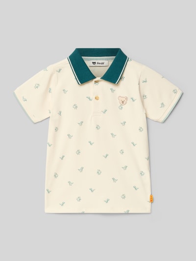 Produktfoto, Regular Fit Poloshirt mit Logo-Stitching von Steiff im Allover-Motiv-Print, beigefarbene Baumwoll-Mischung, grüner Kragen, kurze Ärmel
