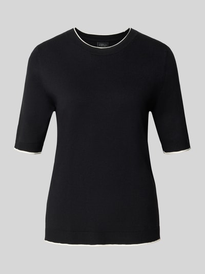 Produktfoto, Regular Fit Pullover aus Viskose-Mix von s.Oliver BLACK LABEL in Schwarz mit weißen Kanten, glatte Textur, neutraler Hintergrund.
