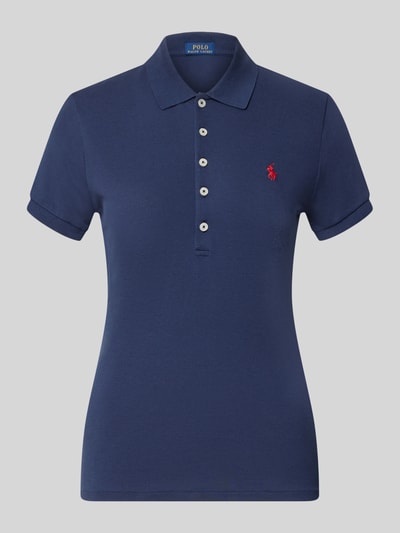 Produktfoto, dunkelblaues Slim Fit Poloshirt aus Baumwoll-Mix von Polo Ralph Lauren, rote Logo-Stickerei, Damen Poloshirt
