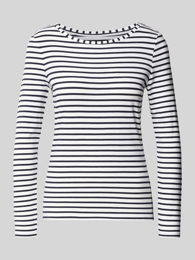 Produktfoto, Longsleeve im Allover-Look mit Rundhalsausschnitt von Oui, weiß-schwarz gestreiftes Damen-Oberteil aus Baumwoll-Mix mit Micromodal-Anteil, Regular Fit, Rückenlänge 60 cm bei Größe 36