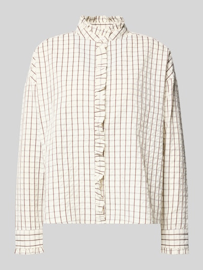 Produktfoto, Regular Fit Bluse mit Stehkragen und Rüschen von Christian Berg Woman, Allover-Karomuster, cremefarben mit braunen Linien, Material-Mix mit Viskose-Anteil, strukturierte Oberfläche