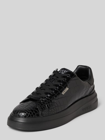 Produktfoto, Sneaker aus Leder-Mix Modell 'Elba' von Guess in Schwarz mit Allover-Schlangen-Prägung, Logo-Applikation, profilierte Sohle, abgerundete Passform, Schnürverschluss, Absatzhöhe 5 cm, Schafthöhe 7 cm, Schaftweite 8 cm.