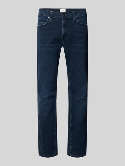 Produktfoto, Slim Fit Jeans mit Eingrifftaschen Modell 'Vegas' von Mustang in Dunkelblau, Baumwoll-Mix mit Stretch-Anteil, schlichte Textur, Herren Jeans, Bundweite 44 cm, Innenbeinlänge 76 cm