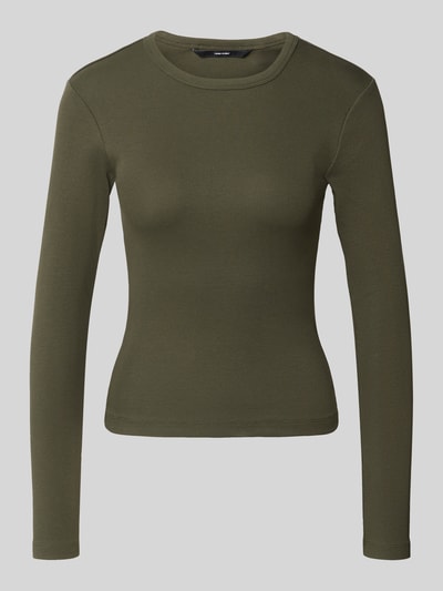 Produktfoto, olivgrünes Slim Fit Langarmshirt aus Baumwoll-Mix Modell 'CHLOE' von VERO MODA, glatte Struktur, Damen Langarmshirt