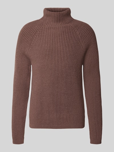 Produktfoto, Regular Fit Strickpullover mit elastischen Abschlüssen von DRYKORN, brauner Material-Mix mit Woll-Anteil, Rollkragen, glatte und gerippte Textur, klassische Form, Vorderansicht.