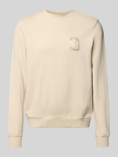 Produktfoto, Regular Fit Sweatshirt mit floraler Applikation Modell 'Felica' von Blend aus reiner Baumwolle, Rundhalsausschnitt, elastische Abschlüsse, beige Farbe, strukturierte Stoffoberfläche, Herren.