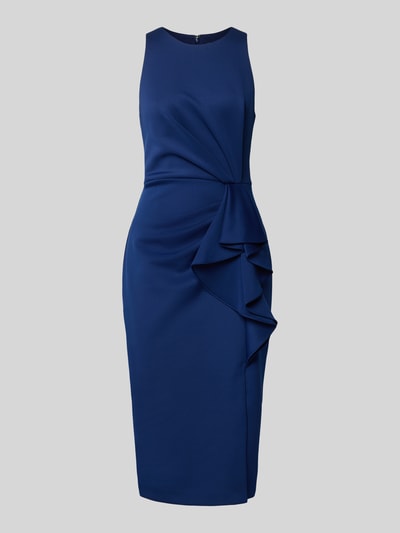 Produktfoto, Cocktailkleid mit Rundhalsausschnitt und Volants von Adrianna Papell, Damen Midikleid aus Material-Mix mit Stretch-Anteil, Gerader-Schnitt, Rückenlänge 114 cm, Brustweite 46 cm, Farbe Dunkelblau, glatte Textur