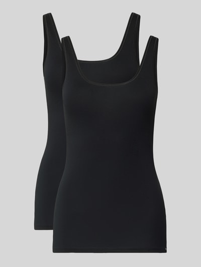 Produktfoto, Tanktop mit Label-Detail im 2er-Pack von Skiny aus schwarzem Baumwoll-Elasthan-Mix, Slim Fit, U-Ausschnitt, glatte Oberfläche