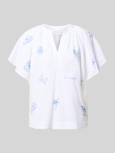 Produktfoto, Relaxed Fit Tunikabluse mit Stitchings von Oui aus Reine Baumwolle im weißen Allover-Look mit blauem Stitching, V-Ausschnitt, Damen, Rückenlänge Größe 36: 59 cm, Ärmellänge: 17 cm.