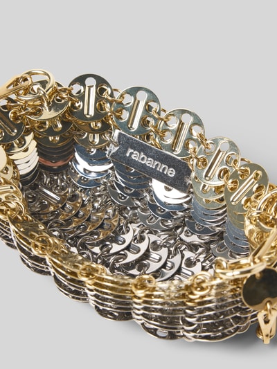 Produktfoto, Crossbody Bag in metallic von Rabanne aus gold- und silberfarbenen Gliedern, offenes Hauptfach, Label-Detail, Nahaufnahme