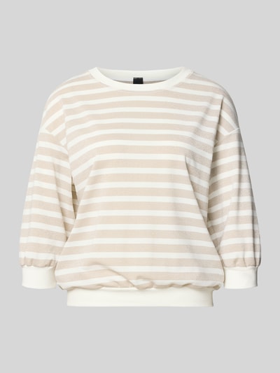 Produktfoto, Longsleeve mit Rundhalsausschnitt und 3/4-Arm von Marc Cain im Allover-Look, Schimmernd, Material-Mix mit Stretch-Anteil, Relaxed-Fit, creme und beige gestreift