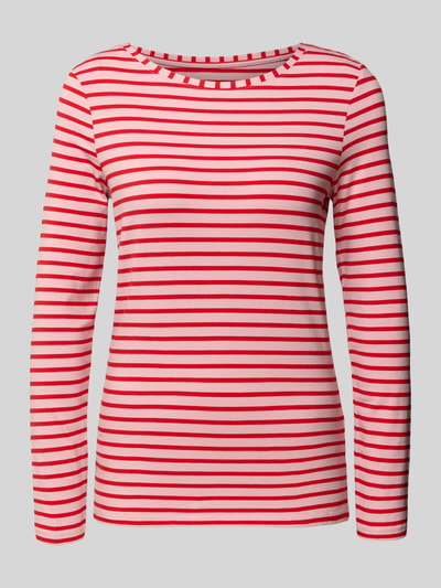 Produktfoto, Bluzka z długim rękawem z bawełny o kroju slim fit model 'SUMIKO' od Oui, prążkowany okrągły dekolt, czerwone paski, długość tyłu 63 cm w rozmiarze 36.