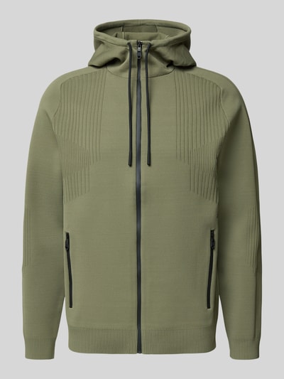 Produktfoto, Regular Fit Trainingsjacke mit Jacquard Elementen Modell 'ACTIVE PUSH' von BOSS Green in effen olijfgroen met geribde boorden, waterdichte rits, opgestikte ritszakken, label-applicatie, jacquard structuur.