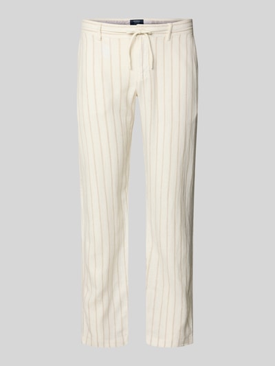 Produktfoto, Regular Fit Hose aus Leinen-Viskose-Mix von MCNEAL in Creme mit feinen, senkrechten Streifen, sichtbare Eingrifftaschen, glatte Textur, Bundweite 46 cm, Innenbeinlänge 84 cm
