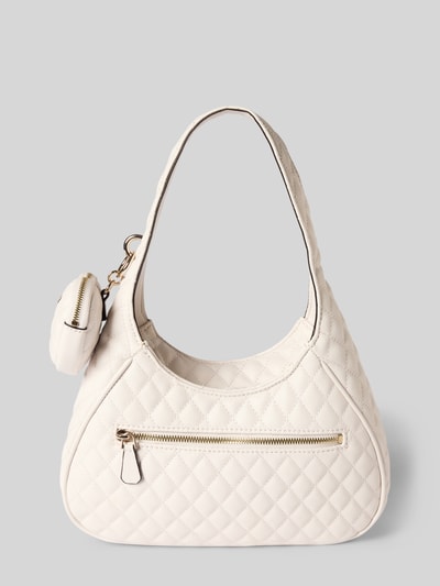 Produktfoto, Handtasche mit Steppnähten Modell 'ATABEY HOBO' von Guess in Creme mit Label-Applikation, Reißverschluss, Tragehenkel, Anhänger, Hauptfach, 22 cm Breite, 20 cm Länge, 8 cm Tiefe, 50 cm Schulterriemen.