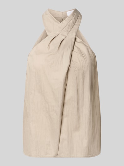 Produktfoto, Neckholder-Blusentop aus Baumwoll-Mix von Jake*s Collection in Beige mit Drapierungen, Regular-Fit, Knopfverschluss, glatte Textur.