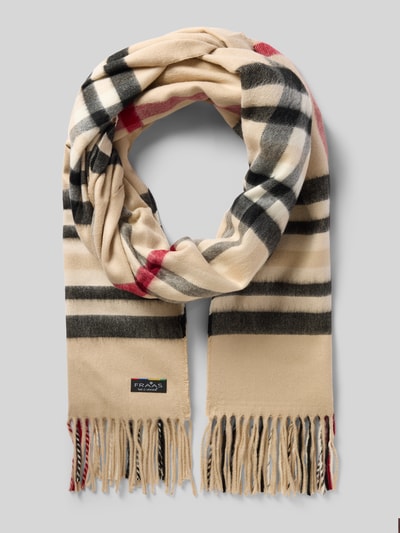 Produktfoto, Schal mit Fransen von FRAAS im rechteckigen Design, Strick-Optik, beige mit schwarzen und roten Streifen, Label-Detail sichtbar, Größenangaben: Breite 54 cm, Länge 206 cm