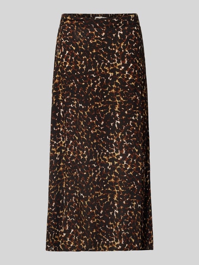 Produktfoto, Midirock aus Viskose im Allover-Look Modell 'MARRAKECH' von ICHI, Gerader-Schnitt, dunkle Grundfarbe mit Muster, Gesamtlänge 86 cm, Bundweite 38 cm, Damen