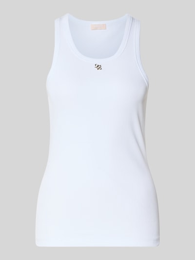 Produktfoto, Slim Fit Top mit Logo-Applikation von Liu Jo White aus elastischem Baumwoll-Mix in Weiß, Rundhalsausschnitt, glatte Struktur