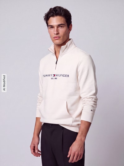 Tommy Hilfiger Schipperstrui met logo-opschrift en kangoeroezak Offwhite - 4