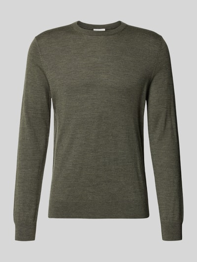 Produktfoto, olivgrüner Regular Fit Strickpullover aus reiner Wolle von Profuomo, feine Textur, elastische Abschlüsse, Rundhalsausschnitt