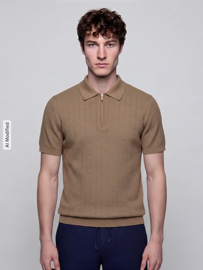 Männermodel trägt Poloshirt mit kurzem Reißverschluss und Polokragen von MCNEAL aus reiner Bio-Baumwolle in Body Fit, Ganzkörperansicht von vorne.