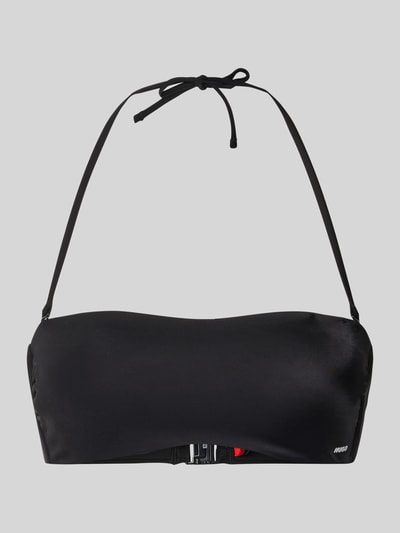 Produktfoto, schwarzes unifarbenes Bikini-Oberteil mit Label-Schriftzug Modell 'PURE BANDEAU' von HUGO, Neckholder, Klickverschluss, glatte Textur.