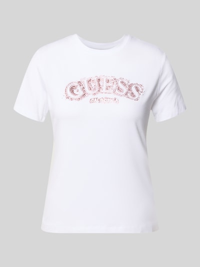 Produktfoto, wit T-shirt uit viscose-elastaanmix met logo van Guess Activewear, regular fit, ronde hals, ruglengte maat S 53 cm, 'T-Shirt aus Viskose-Elasthan-Mix mit Logo' van Guess