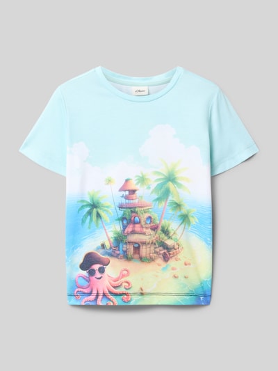 Produktfoto, Regular Fit T-Shirt mit Baumwoll-Anteil von s.Oliver RED LABEL, pastellblau, Allover-Muster mit Insel-Motiv, kurzarm, Jersey-Textur
