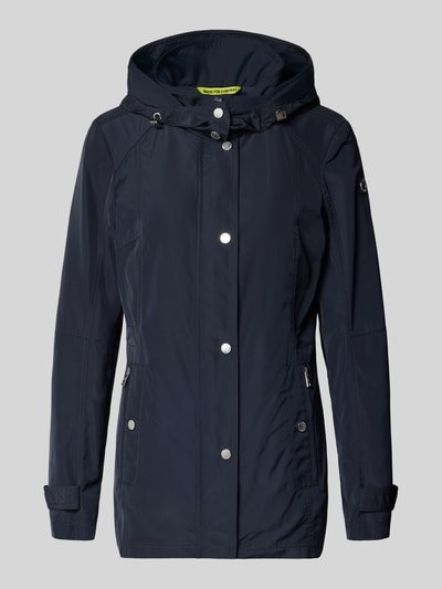Produktfoto, Regular Fit Jacke mit Logo-Print von Fuchs Schmitt in Dunkelblau, Stehkragen, Kapuze, Reißverschlusstaschen, glatte Textur