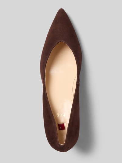 Productfoto, pumps uit echt leer Model 'Penny' van Högl, spitse pasvorm, naaldhak, bruine tint, gladde textuur, bovenaanzicht