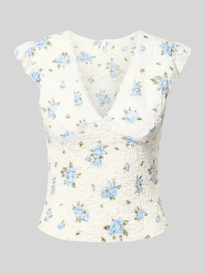 Produktfoto, Slim Fit Top mit tiefem V-Ausschnitt Modell 'SAGA' von Only, Florales-Allover-Muster in Blau und Grün, Jersey, Kurzarm, strukturierte Oberfläche