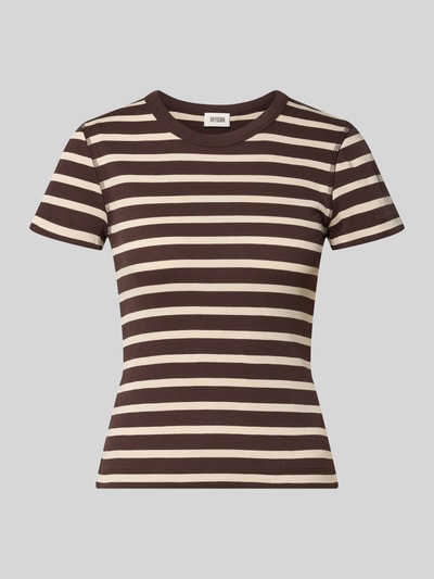 Productfoto, t-shirt met riblook Model 'KOALE' van DRYKORN in bruin en beige strepen, puur katoen, slim fit, ronde hals, ruglengte maat S: 53 cm