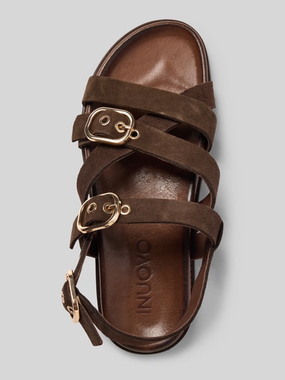 Produktfoto, Sandalen aus echtem Leder mit offener Ferse von INUOVO in Braun, abgerundete Passform, glatte Sohle, Absatzhöhe 3 cm, Damen