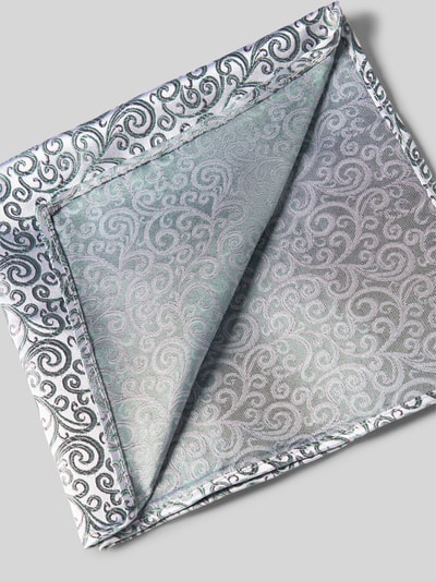 Produktfoto, Fliege und Einstecktuch im Set aus reiner Seide von Prince Bowtie, klassische Form, silber-grau mit floralen Mustern, verstellbare Kragenweite, feine glatte Struktur