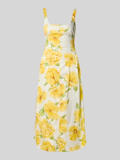 Produktfoto, Midikleid im Allover-Look Modell 'ISLAND' von MANGO, gelb-weißes Blumenmuster, A-Linie, Baumwoll-Elasthan-Mix.