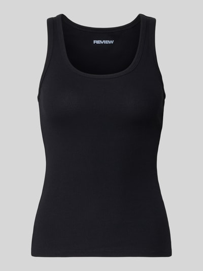 Produktfoto, schwarzes Tanktop mit Rundhalsausschnitt von Review aus Feinripp, körpernaher Schnitt, Baumwoll-Mix mit Stretch-Anteil.